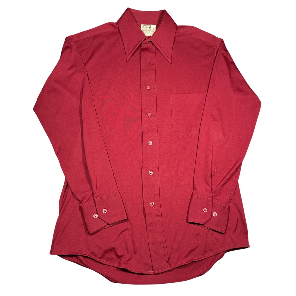 VTG 70s Montgomery Ward Burgundy Disco Shirt Dagger Collar Red 15.5 32-33